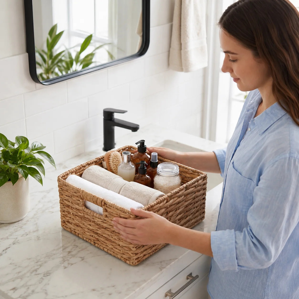 Water Hyacinth Storage Basket Woven Shelf Organizer with Handles for Closet Bathroom Kitchen Pantry Bedroom Living Room Office