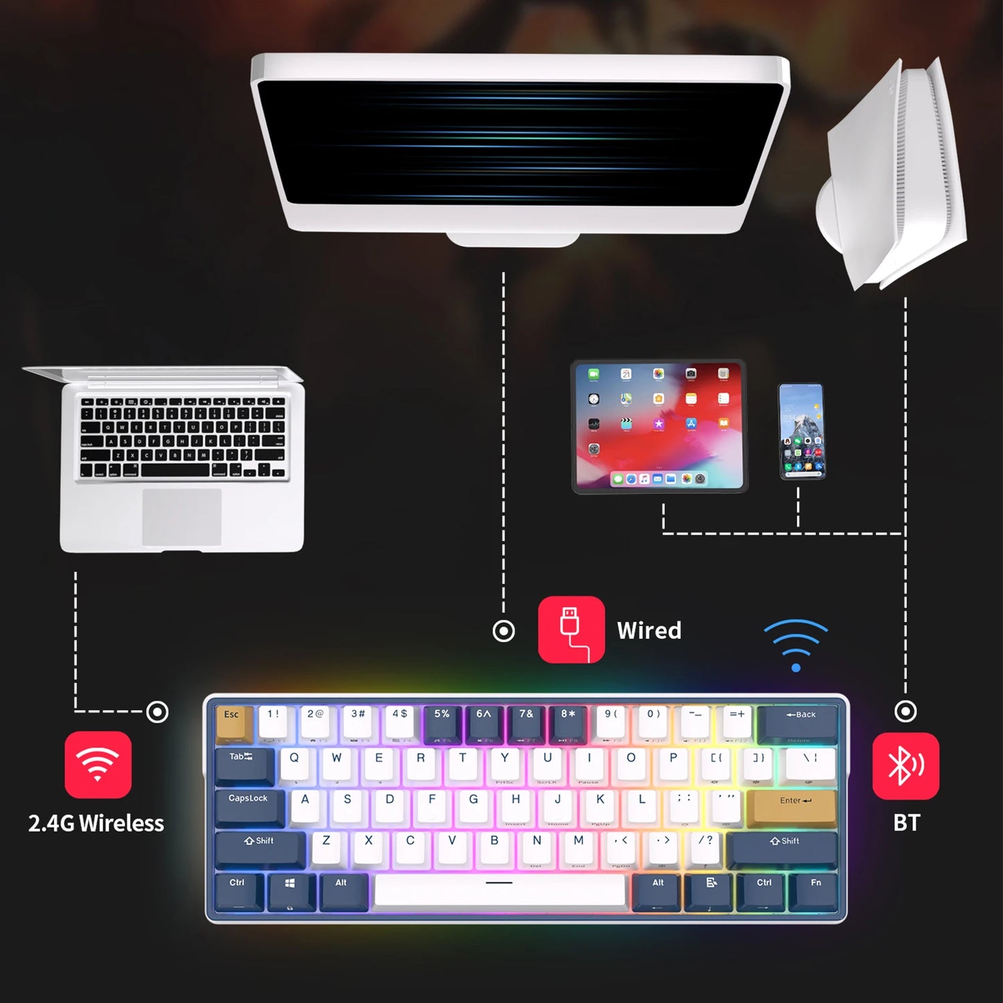 RK61 Plus ROYAL KLUDGE Tri-mode Mechanical Keyboard 2.4G Wireless Bluetooh RGB Backlit Gamer Keyboards 61 Key Mini Hot-swappable