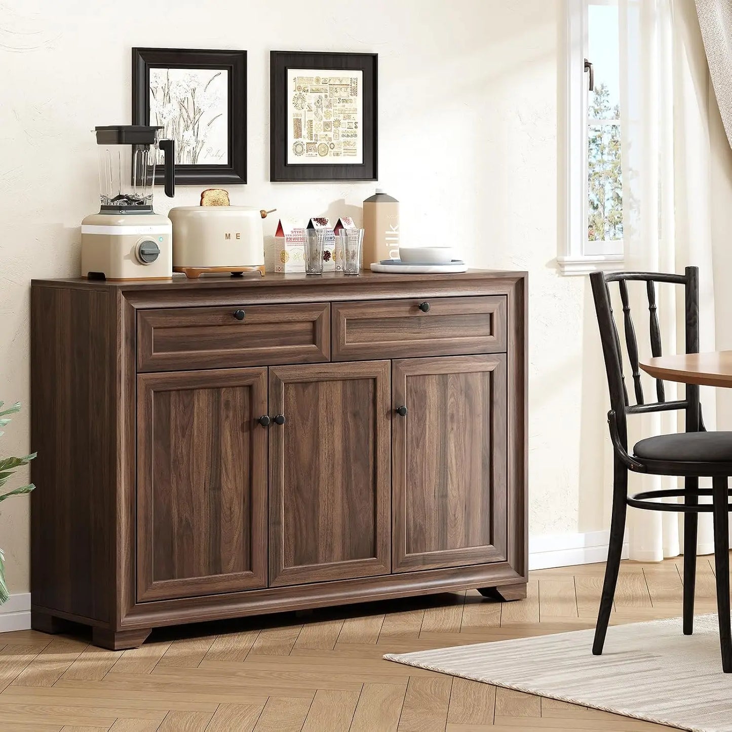 48" Sideboard Storage Cabinet with 2 Drawers + 3 Doors | Wood Coffee Bar Cabinet, Buffet Table Adjustable Shelves Farmhouse Style for Home Kitchen Living Room