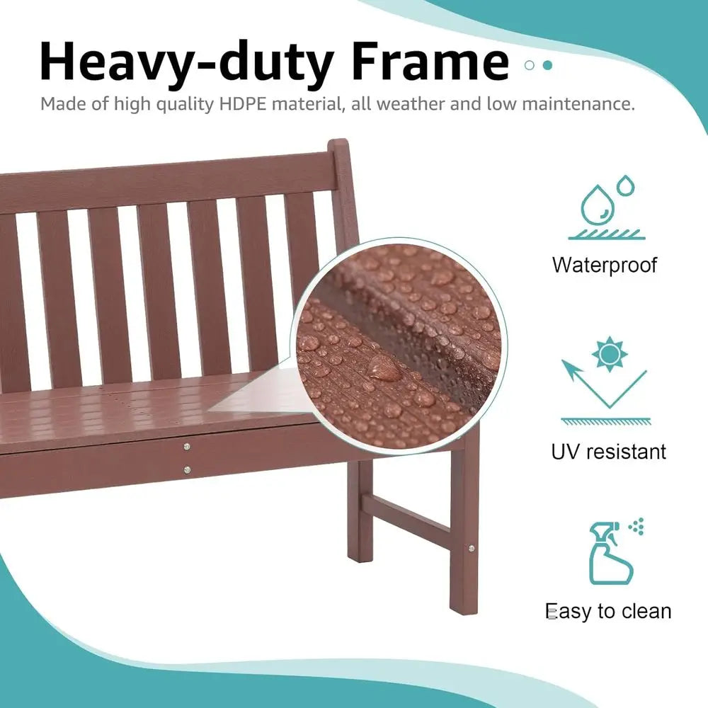 Weather-Resistant HDPE 2-Person Patio Bench with Wood Grain, Suitable for Lawn, Park, Backyard, and Entryway in Brown