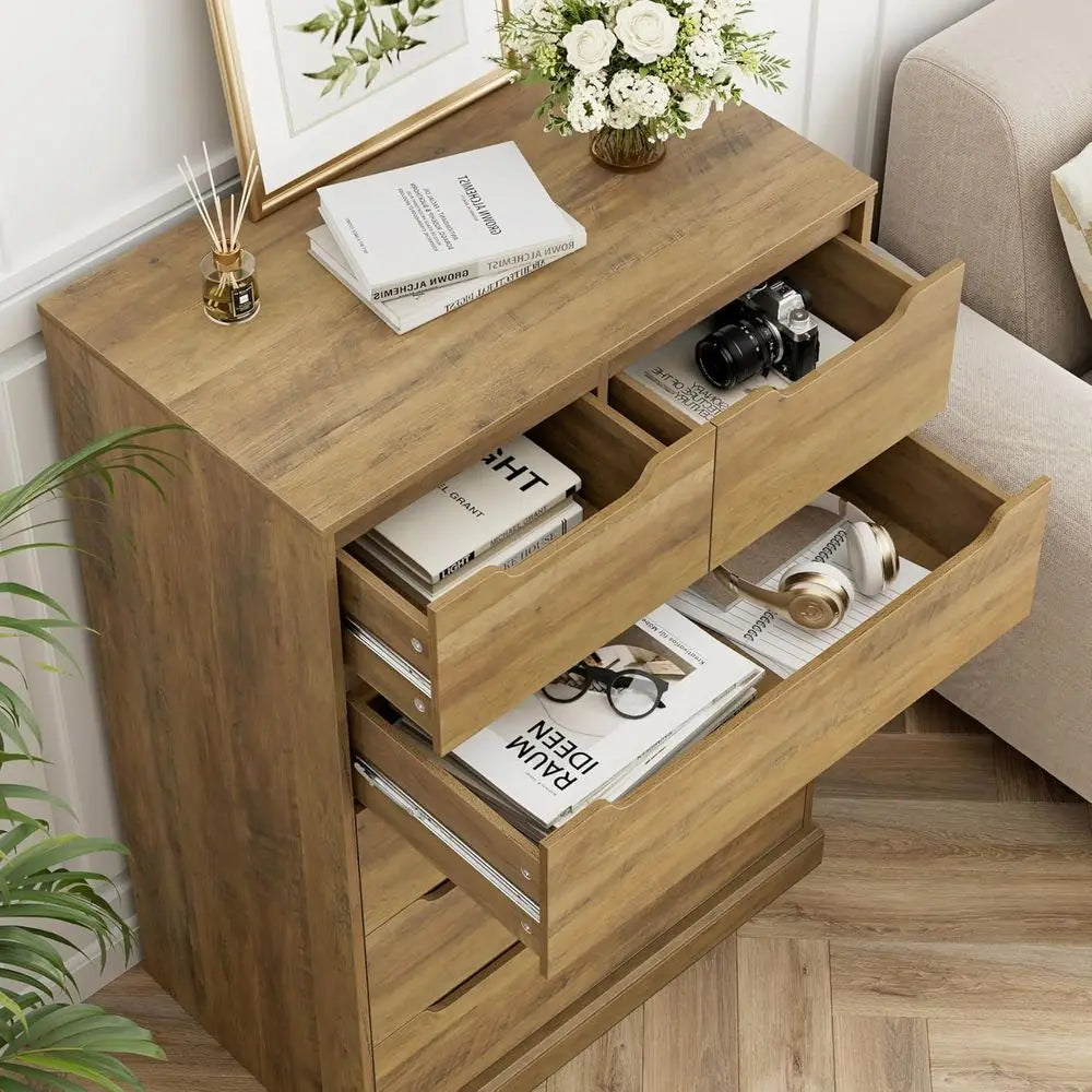 Large Rustic Brown Storage Chest with Cut-Out Handles for Bedroom, Tall Chest with Storage, Accent Storage Cabinet