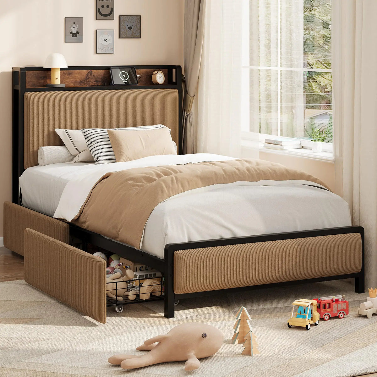 Mid Century Modern Platform Bed Frame With Charging Station