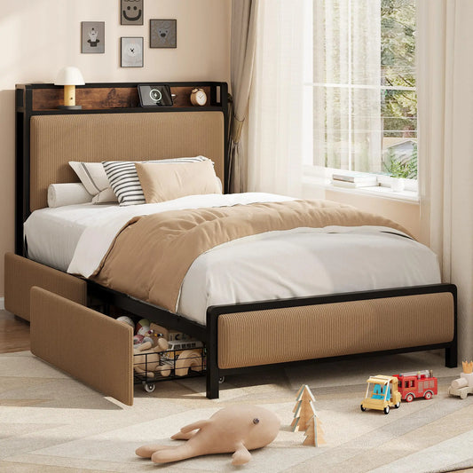 Mid Century Modern Platform Bed Frame With Charging Station