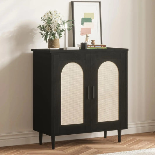 Boho Rattan Sideboard Cabinet With Storage Shelves Living Room