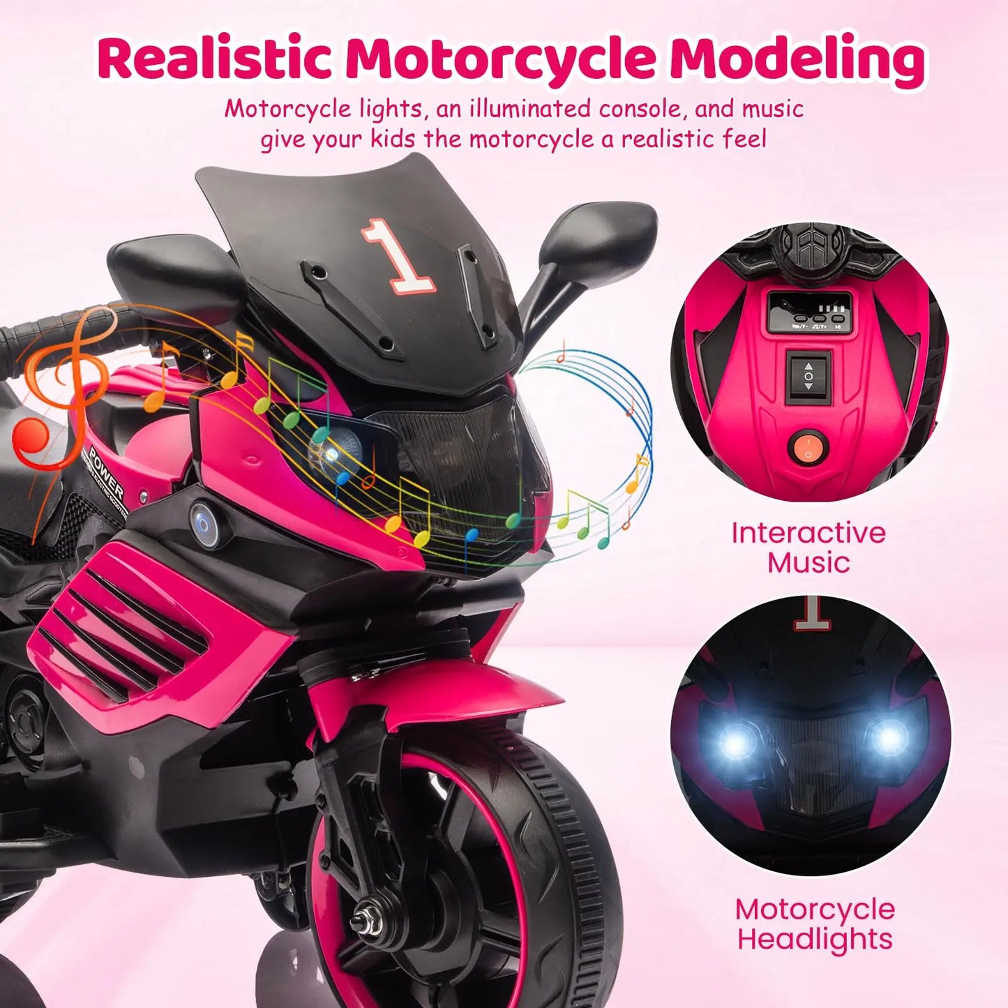 6V Kids Ride On Motorcycle Electric Toddler Motorbike With Training Wheels, EVA Tread Tires, Headlight, Horn, Music, 2 MPH Ride Toy