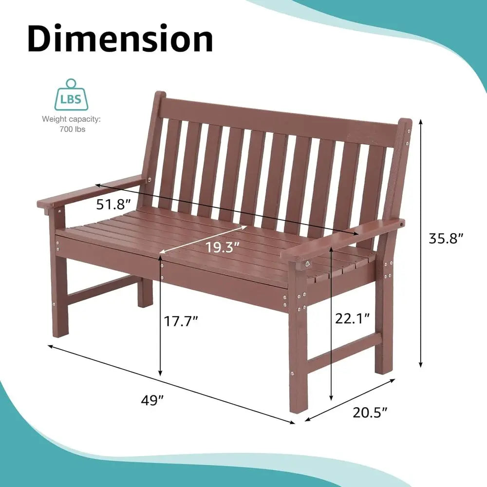 Weather-Resistant HDPE 2-Person Patio Bench with Wood Grain, Suitable for Lawn, Park, Backyard, and Entryway in Brown