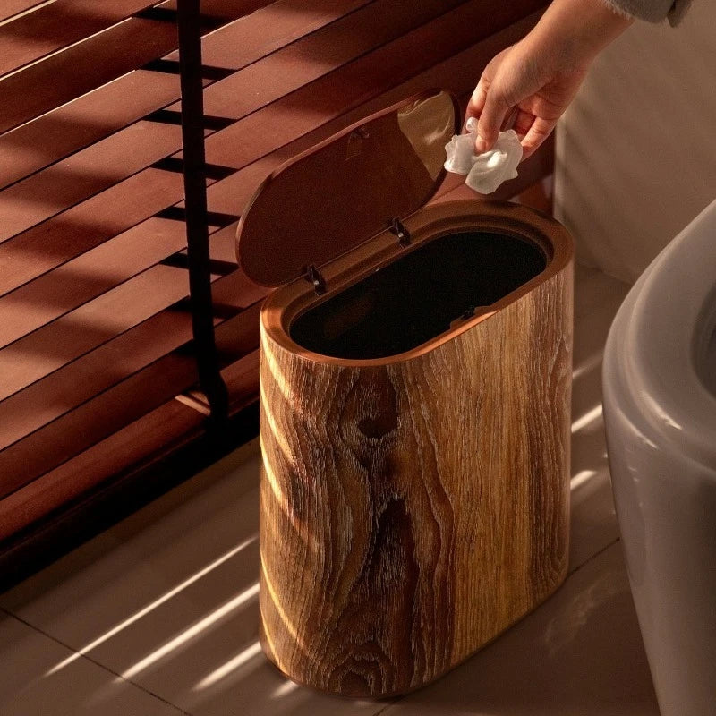 Wood Grain Trash Can with Lid Bathroom Litter Bins Large Capacity Wastebasket Living Room Toilet Retro Household Recycle Bin