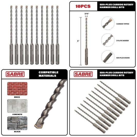 10-Pack SDS Plus 3/16' x 6' Rotary Hammer Drill Bits, Carbide Tipped for Brick, Stone and Concrete