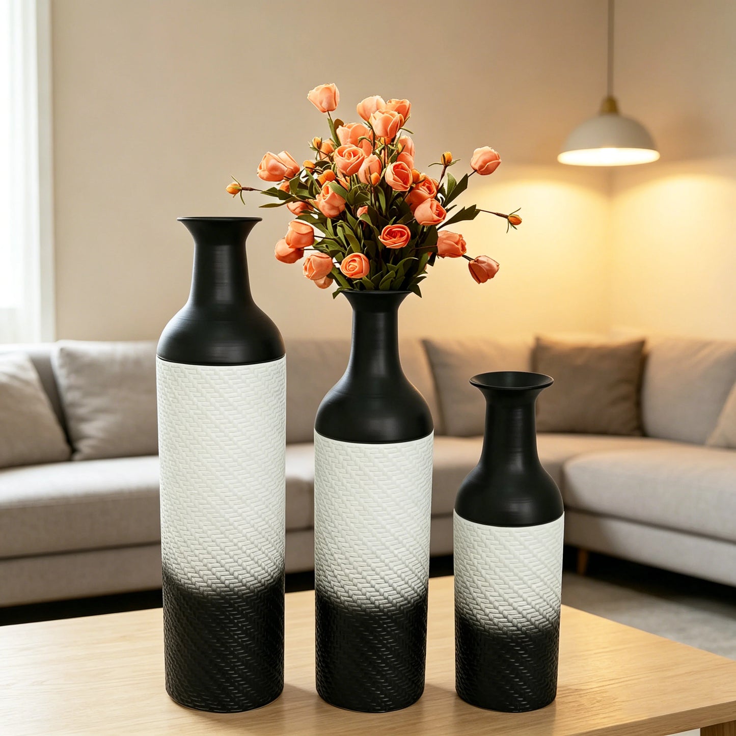 3-Tier Metal Floor Vases Set, Black & White Leaf Pattern Tall Vases, Modern Art Home Decor for Living Room Entryway