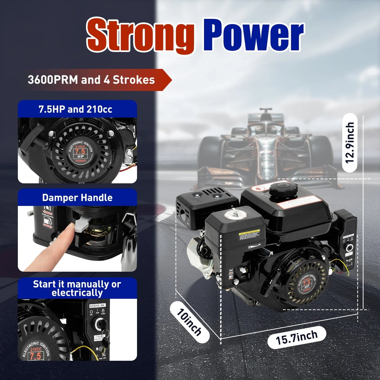7.5HP 4 Stroke Gas Engine Go Kart Motor Engine, 212CC OHV Air Cooled Pullstart Motor Single Cylinder Gas Engine (3600RPM Speed)