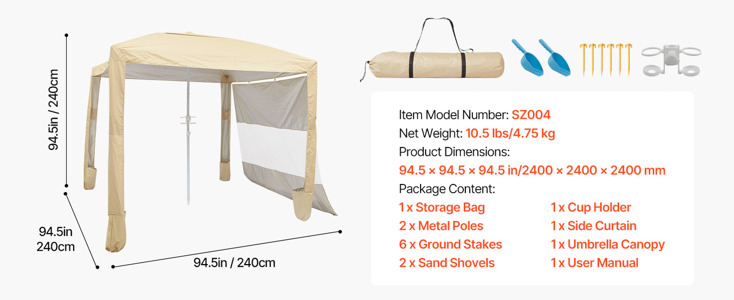 SucceBuy Beach Cabana 8 x 8 ft Adjustable Height Portable UPF 50+ Protection with Side Wall Sand Pockets for Family & Friends