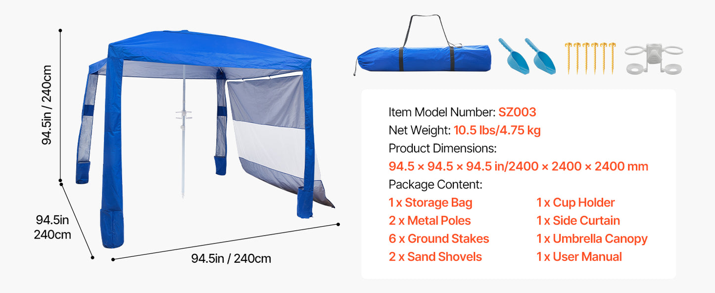 SucceBuy Beach Cabana 8 x 8 ft Adjustable Height Portable UPF 50+ Protection with Side Wall Sand Pockets for Family & Friends