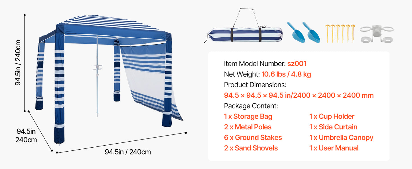 SucceBuy Beach Cabana 8 x 8 ft Adjustable Height Portable UPF 50+ Protection with Side Wall Sand Pockets for Family & Friends