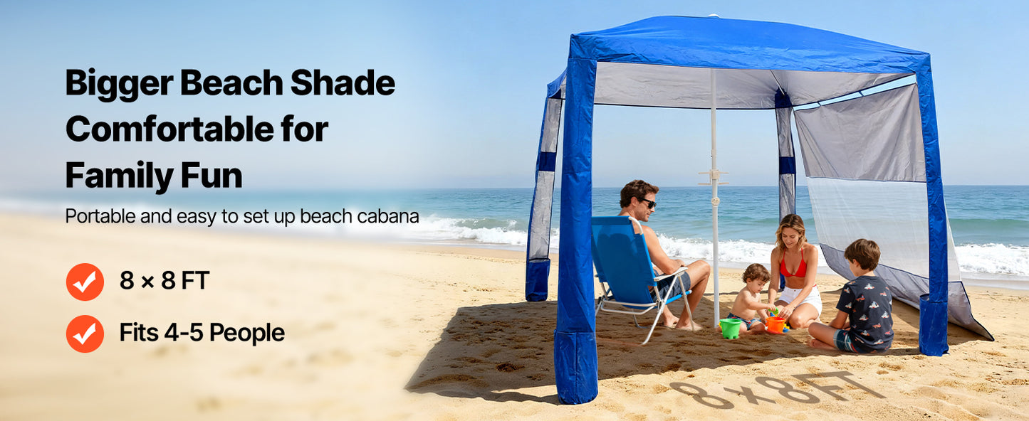 SucceBuy Beach Cabana 8 x 8 ft Adjustable Height Portable UPF 50+ Protection with Side Wall Sand Pockets for Family & Friends