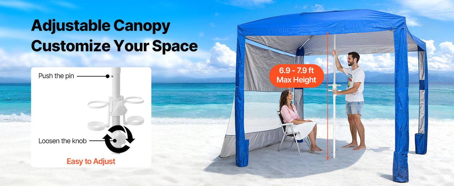 SucceBuy Beach Cabana 8 x 8 ft Adjustable Height Portable UPF 50+ Protection with Side Wall Sand Pockets for Family & Friends