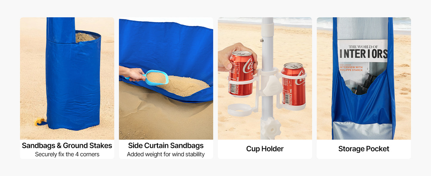 SucceBuy Beach Cabana 8 x 8 ft Adjustable Height Portable UPF 50+ Protection with Side Wall Sand Pockets for Family & Friends