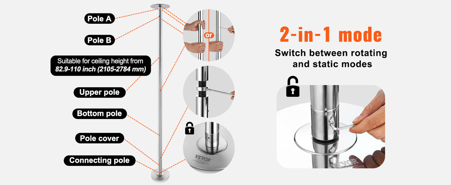 SucceBuy Professional Dancing Pole Spinning Static Dancing Pole Kit Portable Removable Pole 45mm Heavy-Duty Stainless Steel Pole