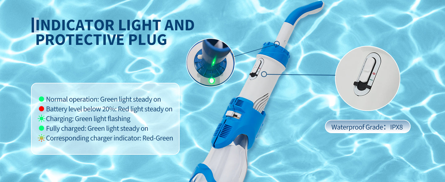 Tacleekii Handheld Pool Vacuum 19.8GPM Rechargeable Cleaner for Hot Tubs Corrosion Resistant Housing Rechargeable Battery IPX8 Waterproof with LED Dual Speed Suction