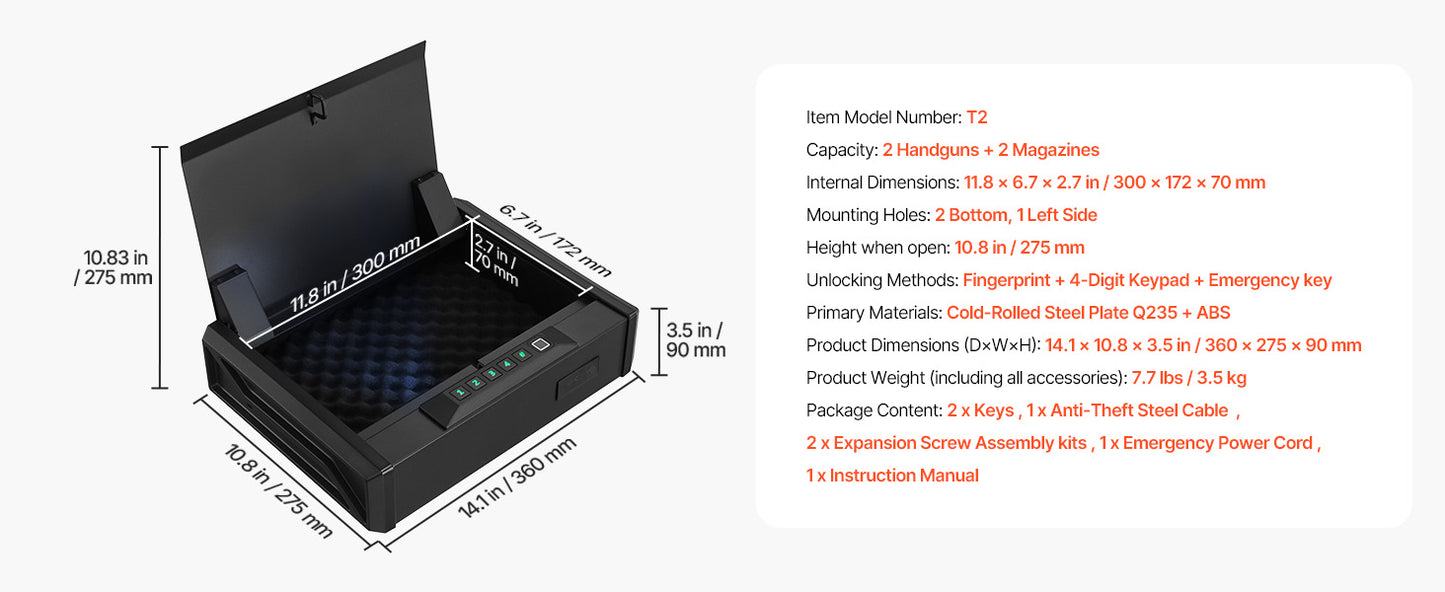 SucceBuy Gun Safe Slider Handgun Safe Fingerprint/Password/Key 3-Way Quick Access Case Box with LED for Nightstand Bedside Desk