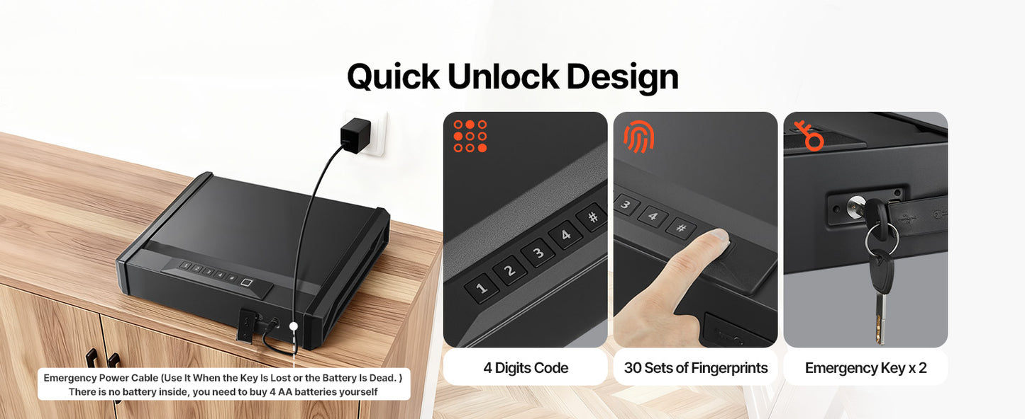 SucceBuy Gun Safe Slider Handgun Safe Fingerprint/Password/Key 3-Way Quick Access Case Box with LED for Nightstand Bedside Desk