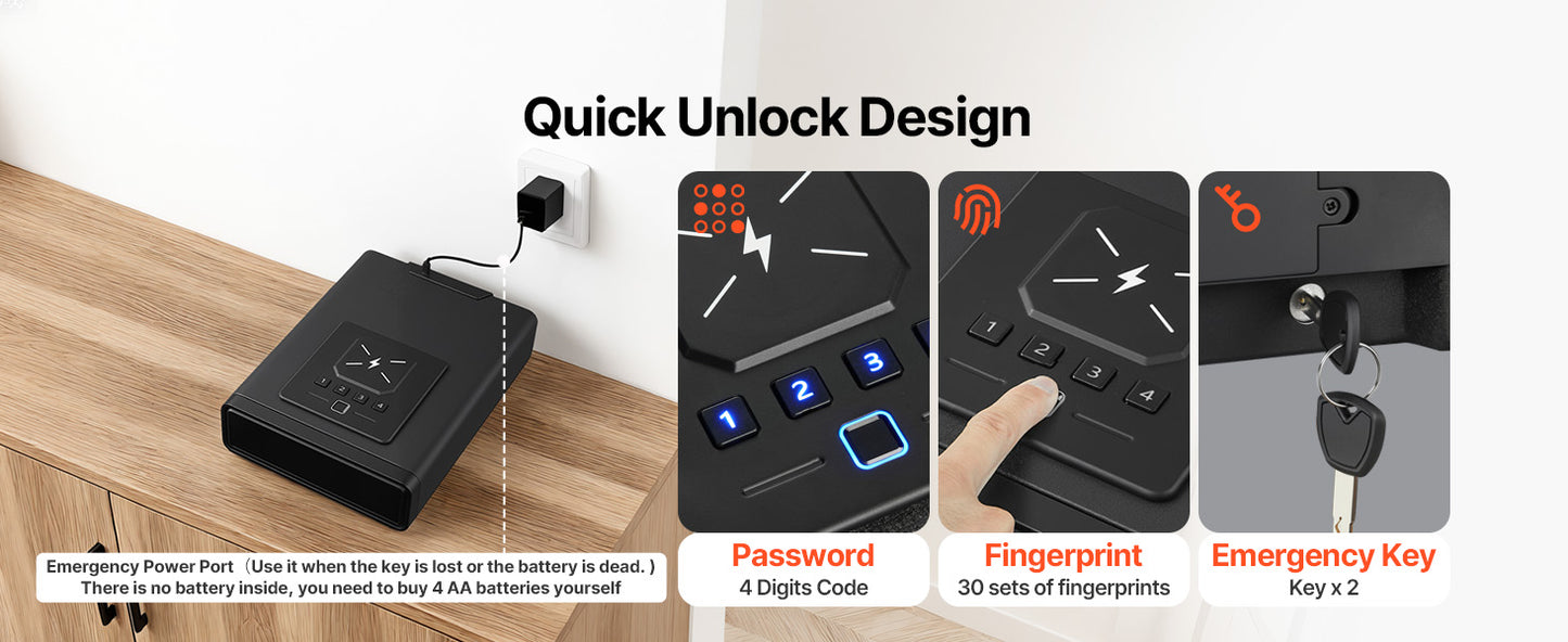 SucceBuy Gun Safe Slider Handgun Safe Fingerprint/Password/Key 3-Way Quick Access Case Box with LED for Nightstand Bedside Desk