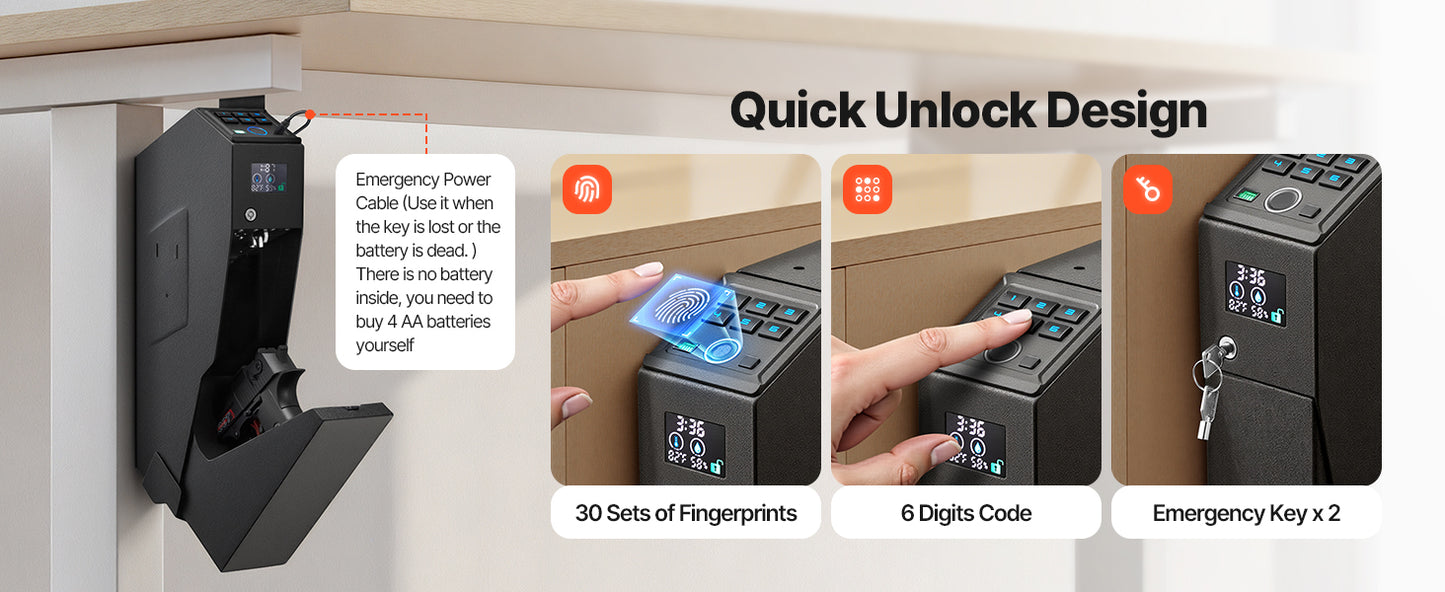SucceBuy Gun Safe Slider Handgun Safe Fingerprint/Password/Key 3-Way Quick Access Case Box with LED for Nightstand Bedside Desk