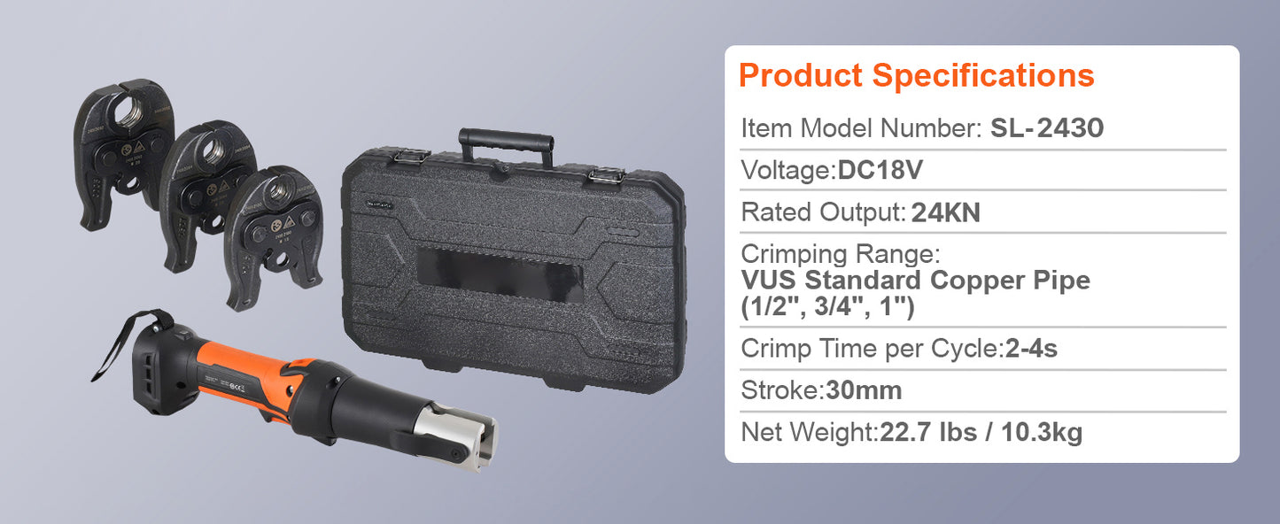 SucceBuy Pro Press Tool 18V Electric Pipe Crimping Tool for 1/2" 3/4" 1" Copper Pipes Press Tool Kit with 3 Jaws 2Pcs Battery