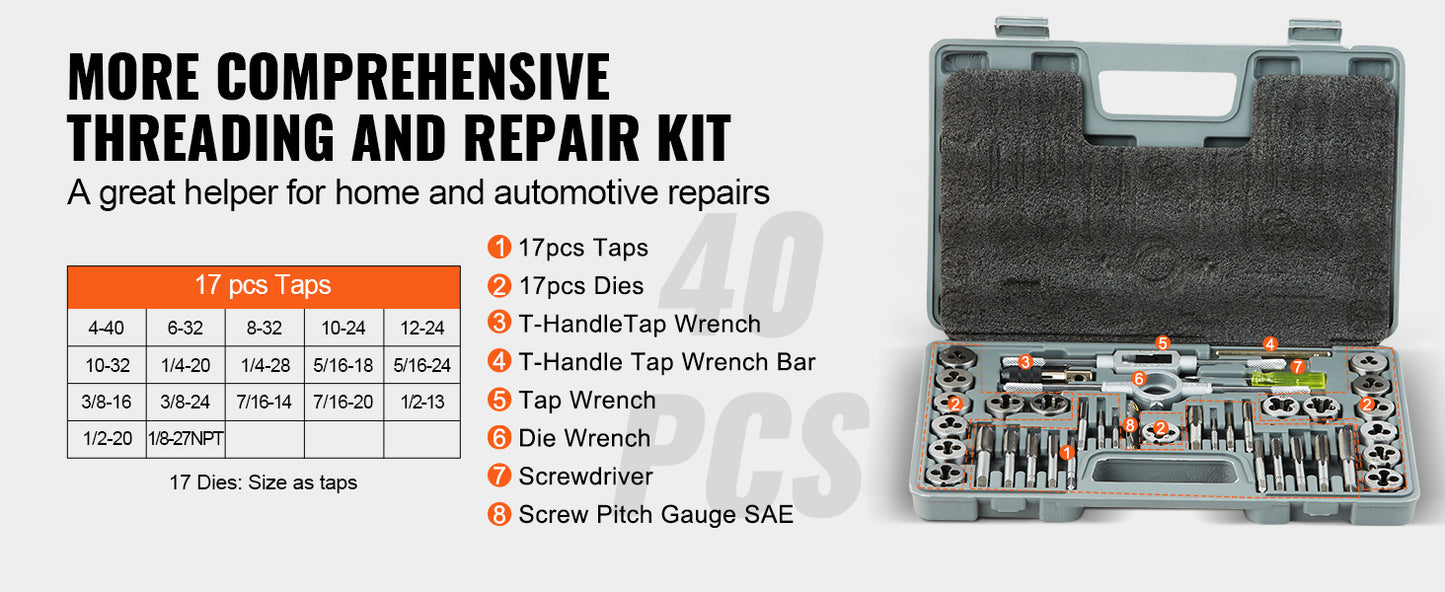SucceBuy Tap and Die Set 40PCs 60PCs 80PCs 110/116PCs Metric SAE Standard Bearing Steel Taps and Dies Essential Threading Tool