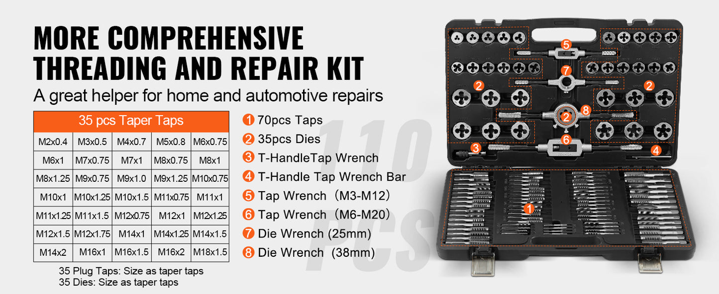 SucceBuy Tap and Die Set 40PCs 60PCs 80PCs 110/116PCs Metric SAE Standard Bearing Steel Taps and Dies Essential Threading Tool