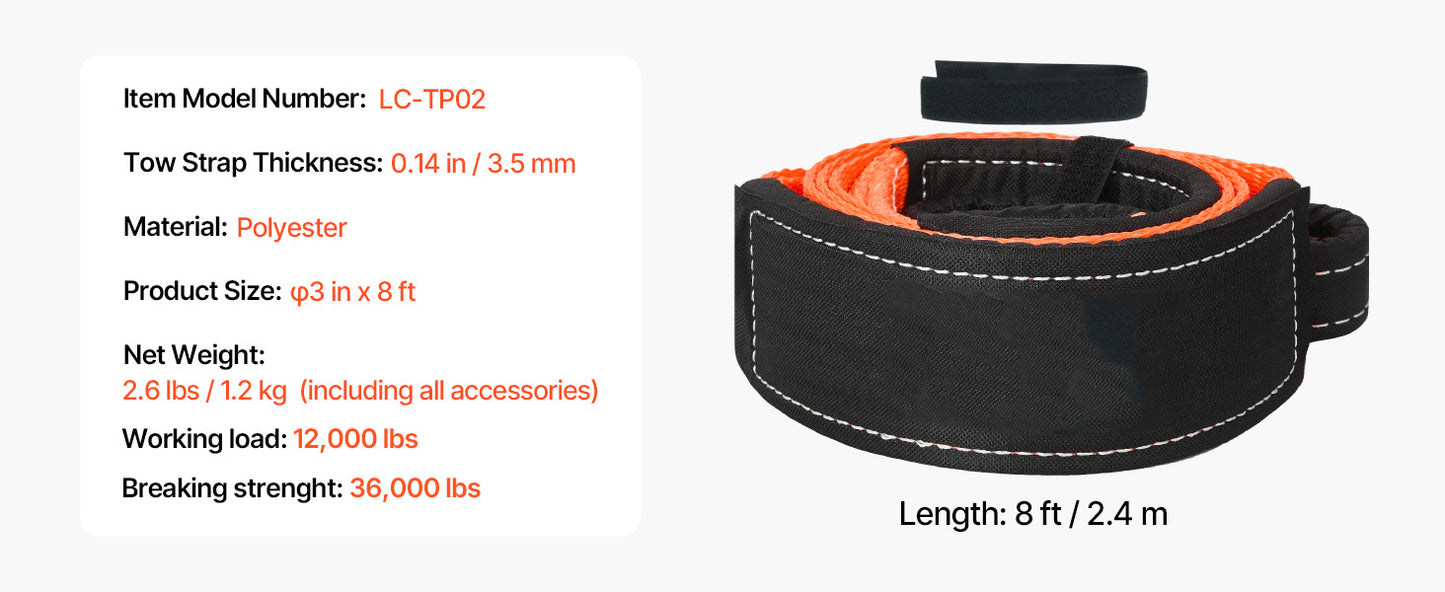 SucceBuy 36000 lbs Recovery Tow Strap 3inx8ft Winch Line Extension Strap Reinforced Loop Straps for Off Road Towing & Tree Saver