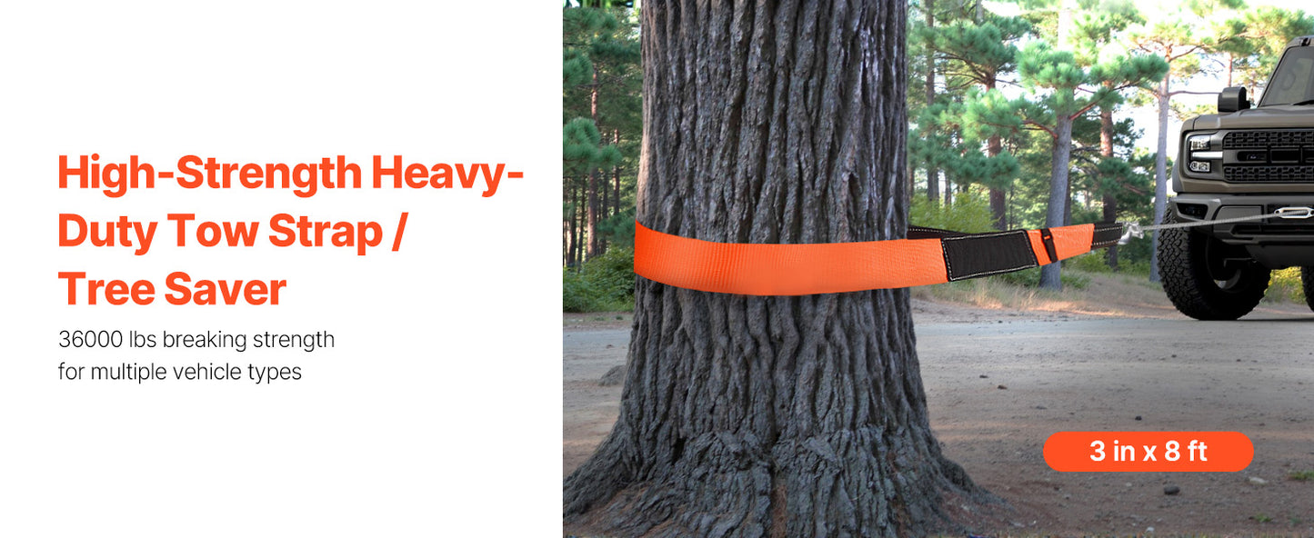 SucceBuy 36000 lbs Recovery Tow Strap 3inx8ft Winch Line Extension Strap Reinforced Loop Straps for Off Road Towing & Tree Saver