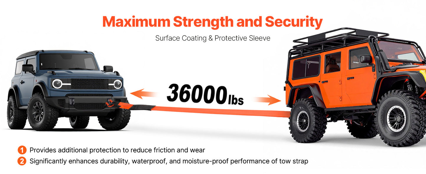 SucceBuy 36000 lbs Recovery Tow Strap 3inx8ft Winch Line Extension Strap Reinforced Loop Straps for Off Road Towing & Tree Saver