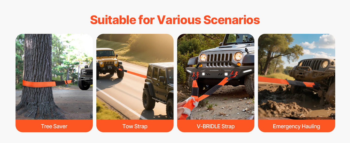 SucceBuy 36000 lbs Recovery Tow Strap 3inx8ft Winch Line Extension Strap Reinforced Loop Straps for Off Road Towing & Tree Saver